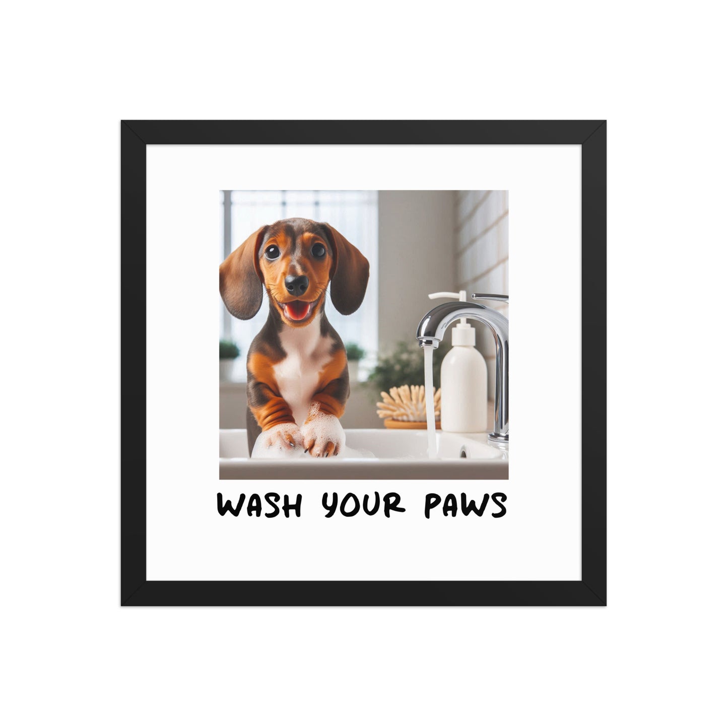 Wash your paws framed art print - 14 x 14" white wood frame