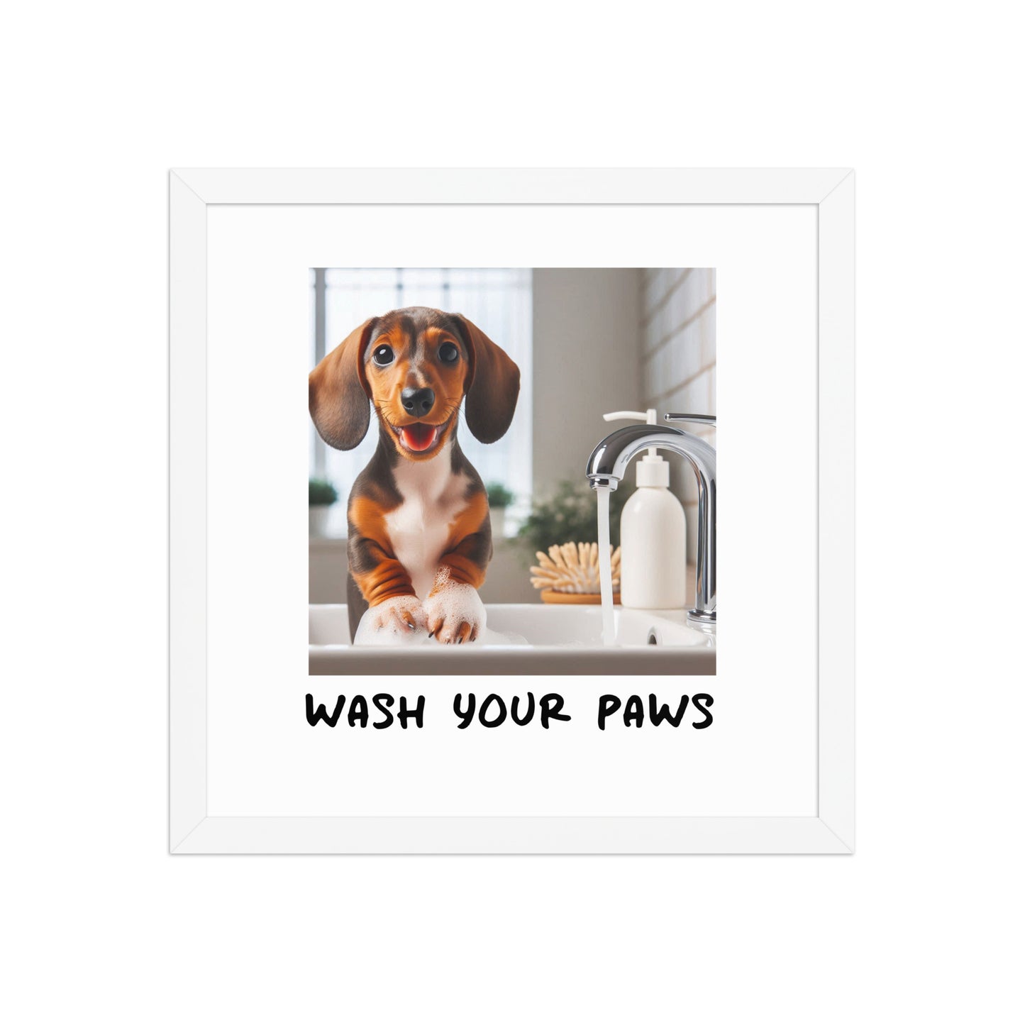 Wash your paws framed art print - 14 x 14" white wood frame