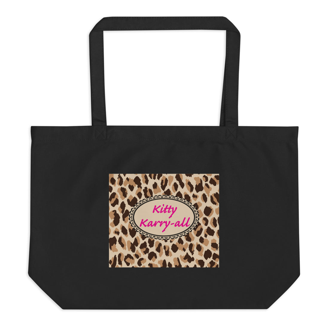large eco-friendly organic cotton shopping tote with cute leopard print and &quot;KItty Karry-all&quot;