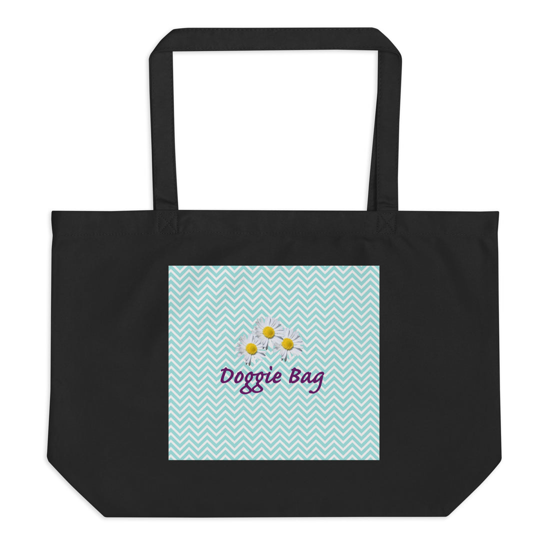 large black eco-friendly organic cotton tote bag with &quot;Doggie Bag&quot; and daisy decoratioin