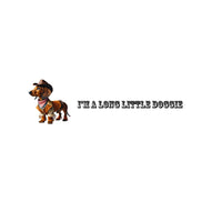 Animated dachshund character with a cowboy hat and western attire on a white background, accompanied by text 'I'm a long little doggie'.