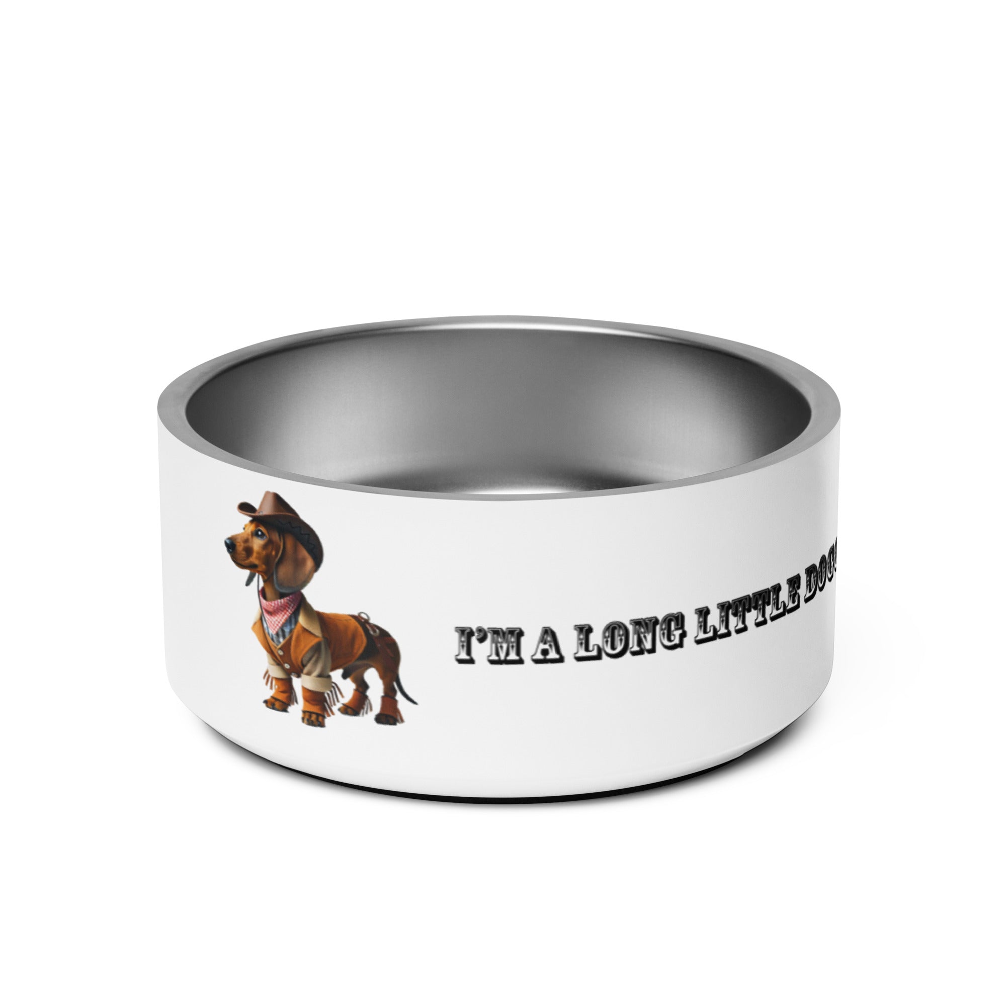 32 oz. stainless steel pet bowl, "Cowboy" dachshund graphic