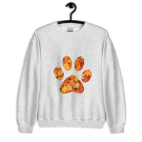 Light gray unisex sweatshirt with pawprint with autumn leaves pattern