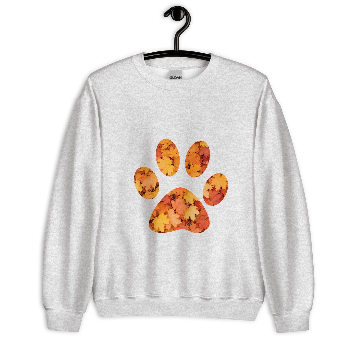 Light gray unisex sweatshirt with pawprint with autumn leaves pattern