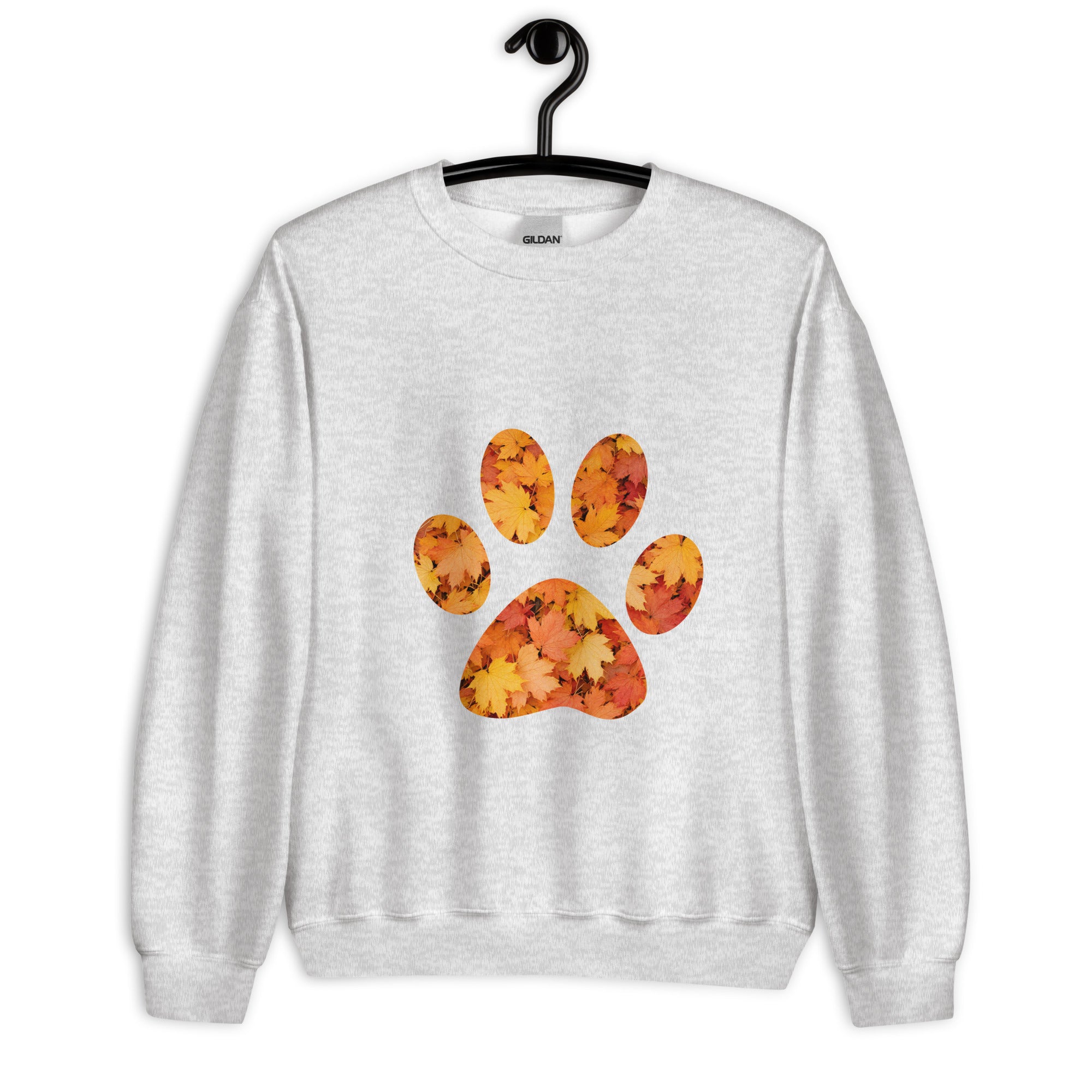 Light gray unisex sweatshirt with pawprint with autumn leaves pattern