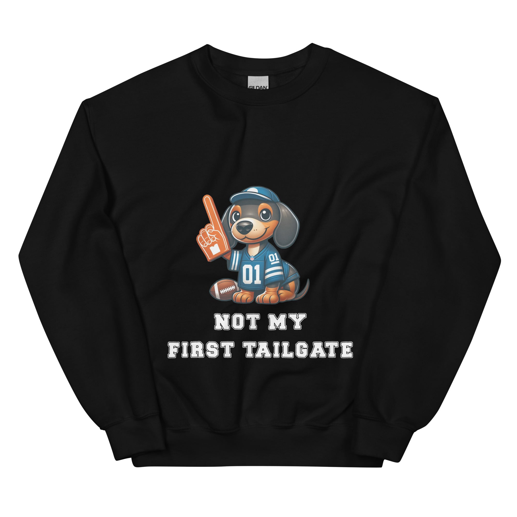 Black unisex sweatshirt with dachshund and "Not my first tailgate"