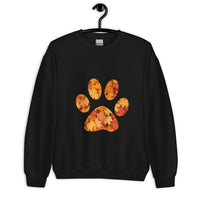 Black unisex sweatshirt with pawprint with autumn leaves pattern