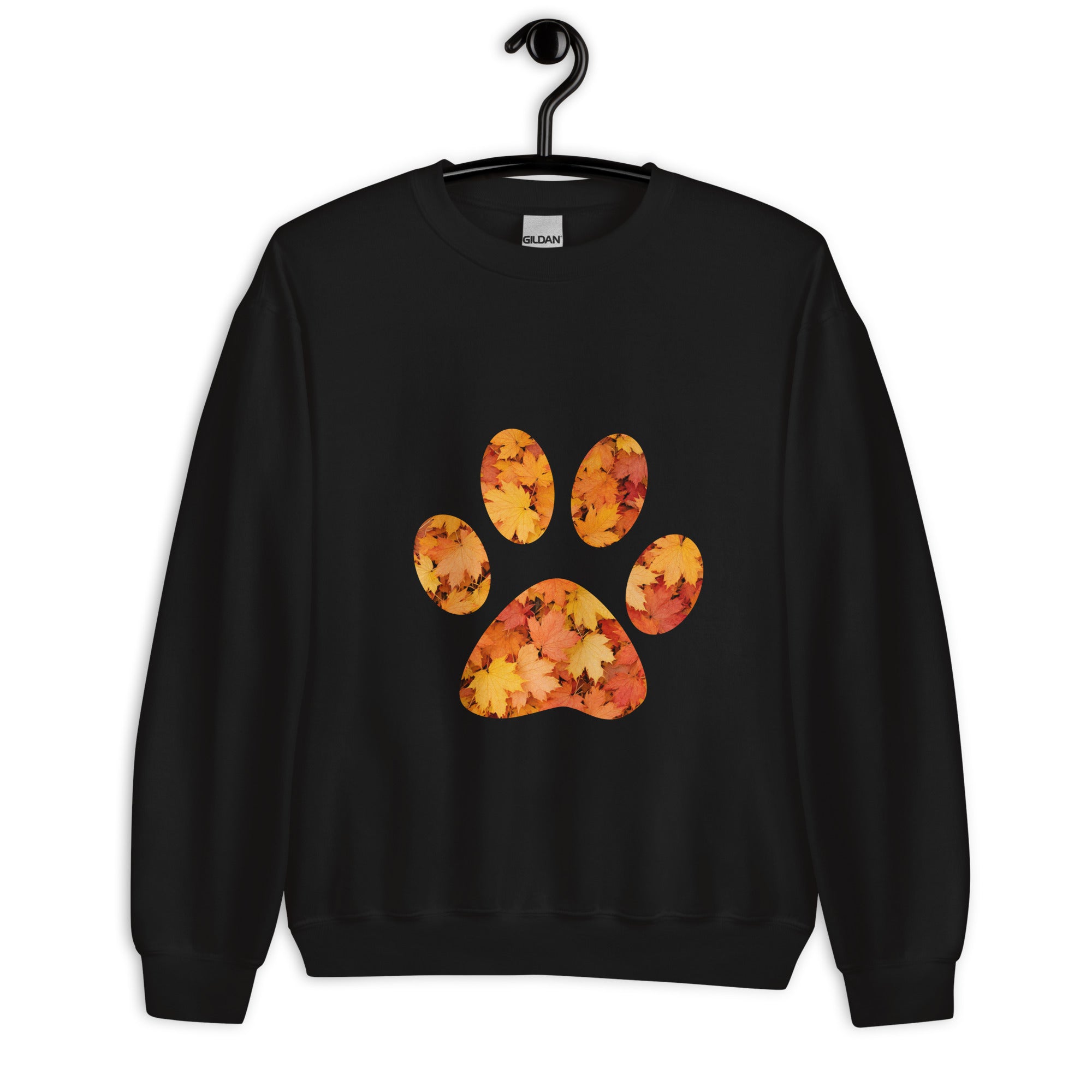 Black unisex sweatshirt with pawprint with autumn leaves pattern