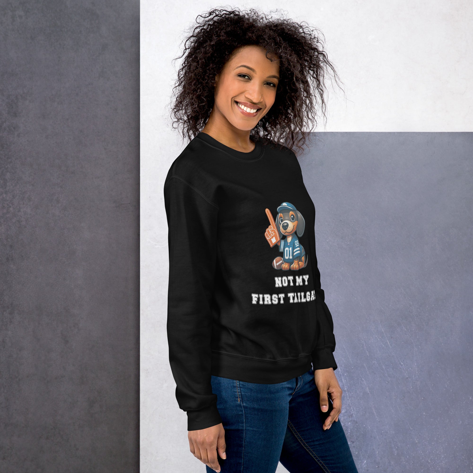 Black unisex sweatshirt with dachshund and "Not my first tailgate"