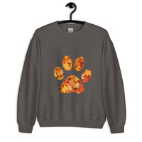 Dark gray unisex sweatshirt with pawprint with autumn leaves pattern