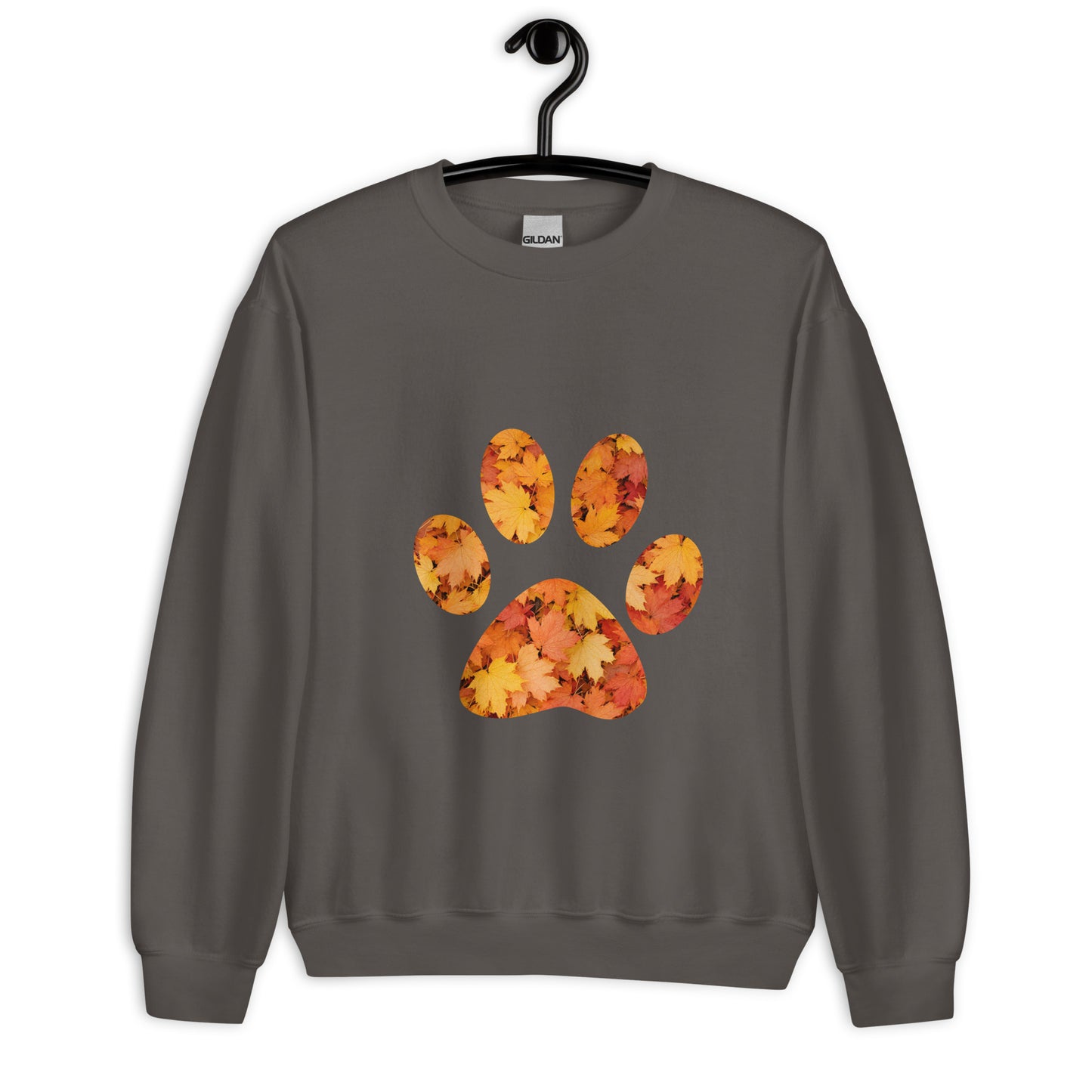 Dark gray unisex sweatshirt with pawprint with autumn leaves pattern