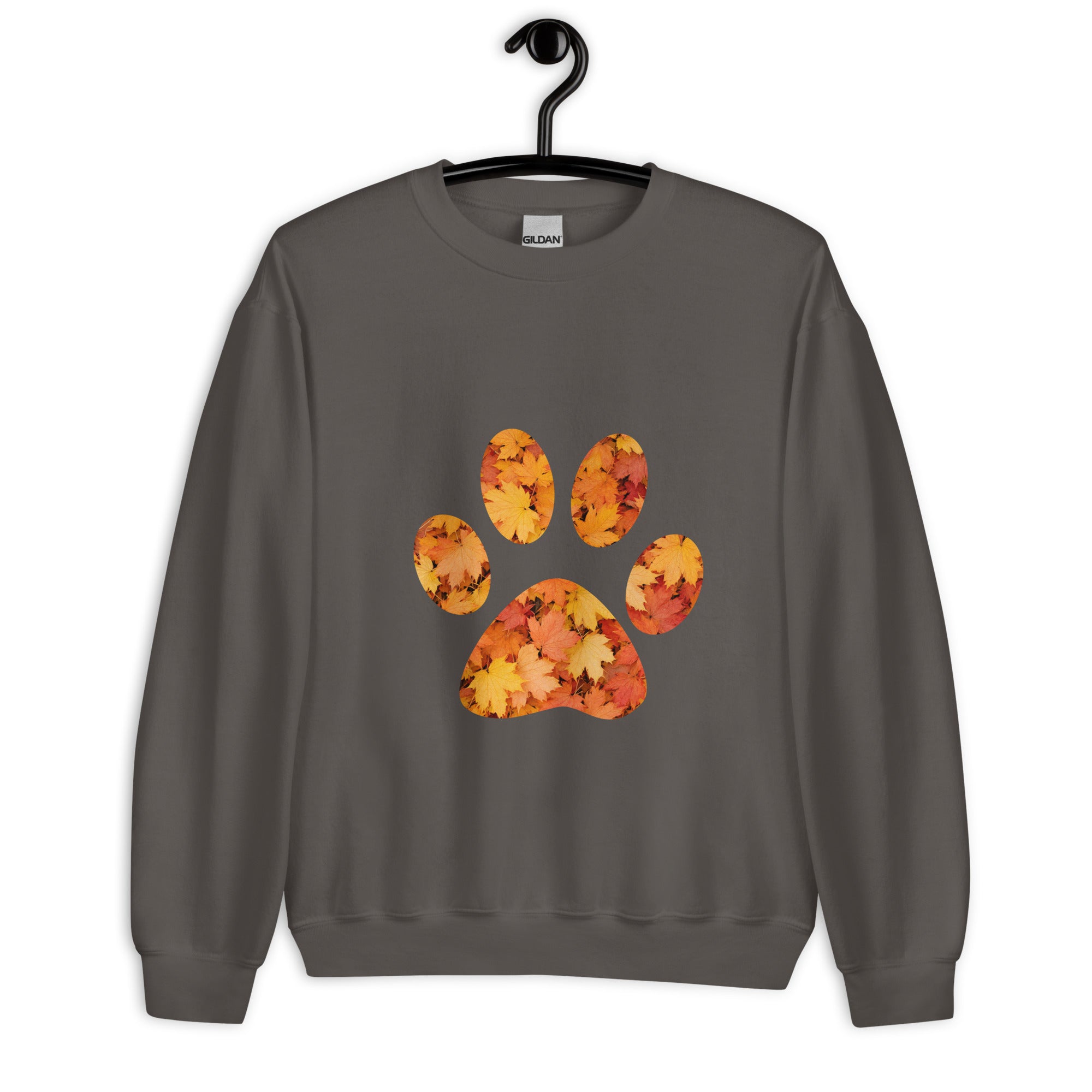 Dark gray unisex sweatshirt with pawprint with autumn leaves pattern