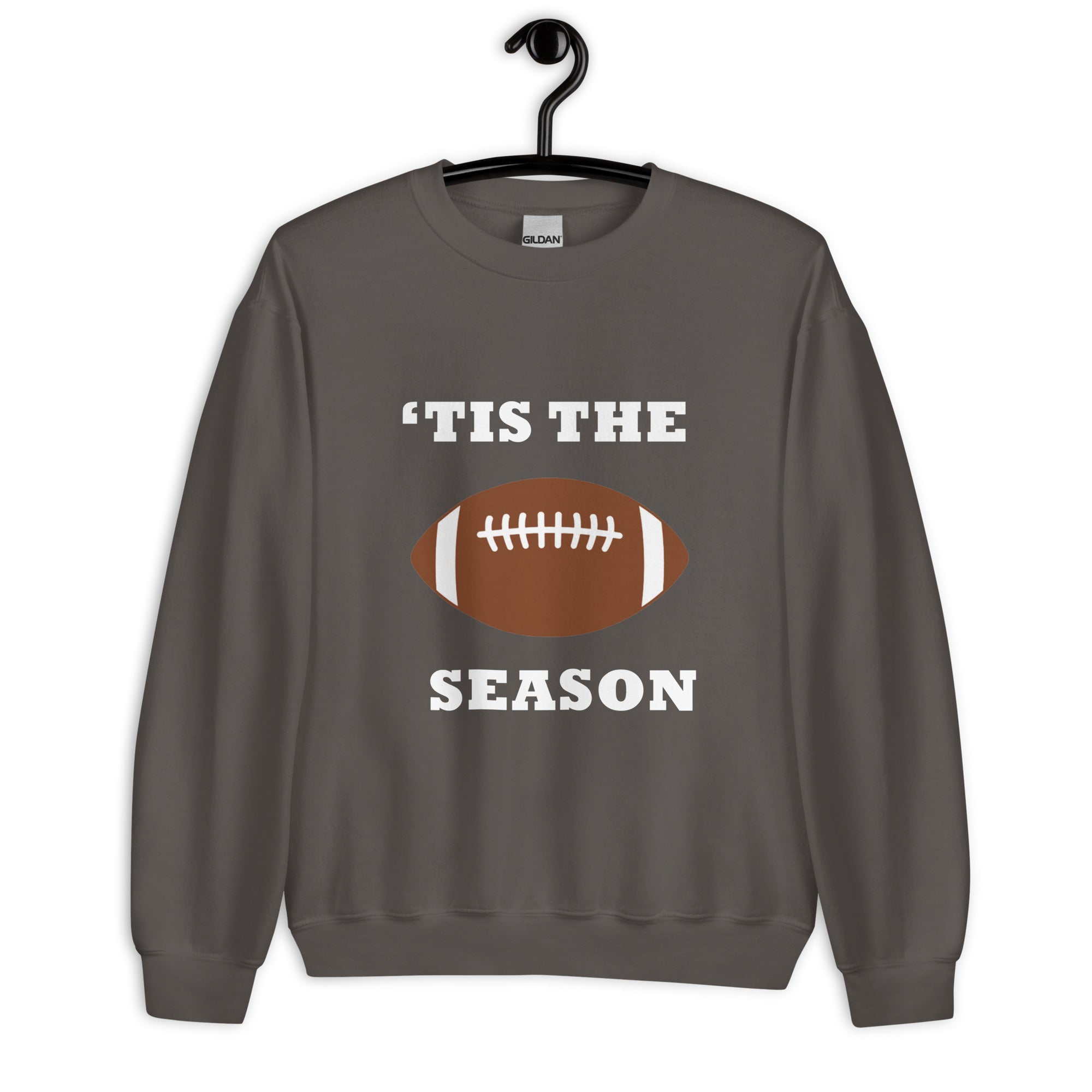 Gray unisex sweatshirt with football and "'tis the season"