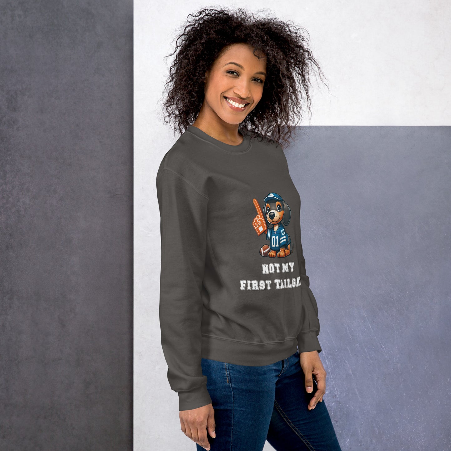 Charcoal gray unisex sweatshirt with dachshund and "Not my first tailgate"