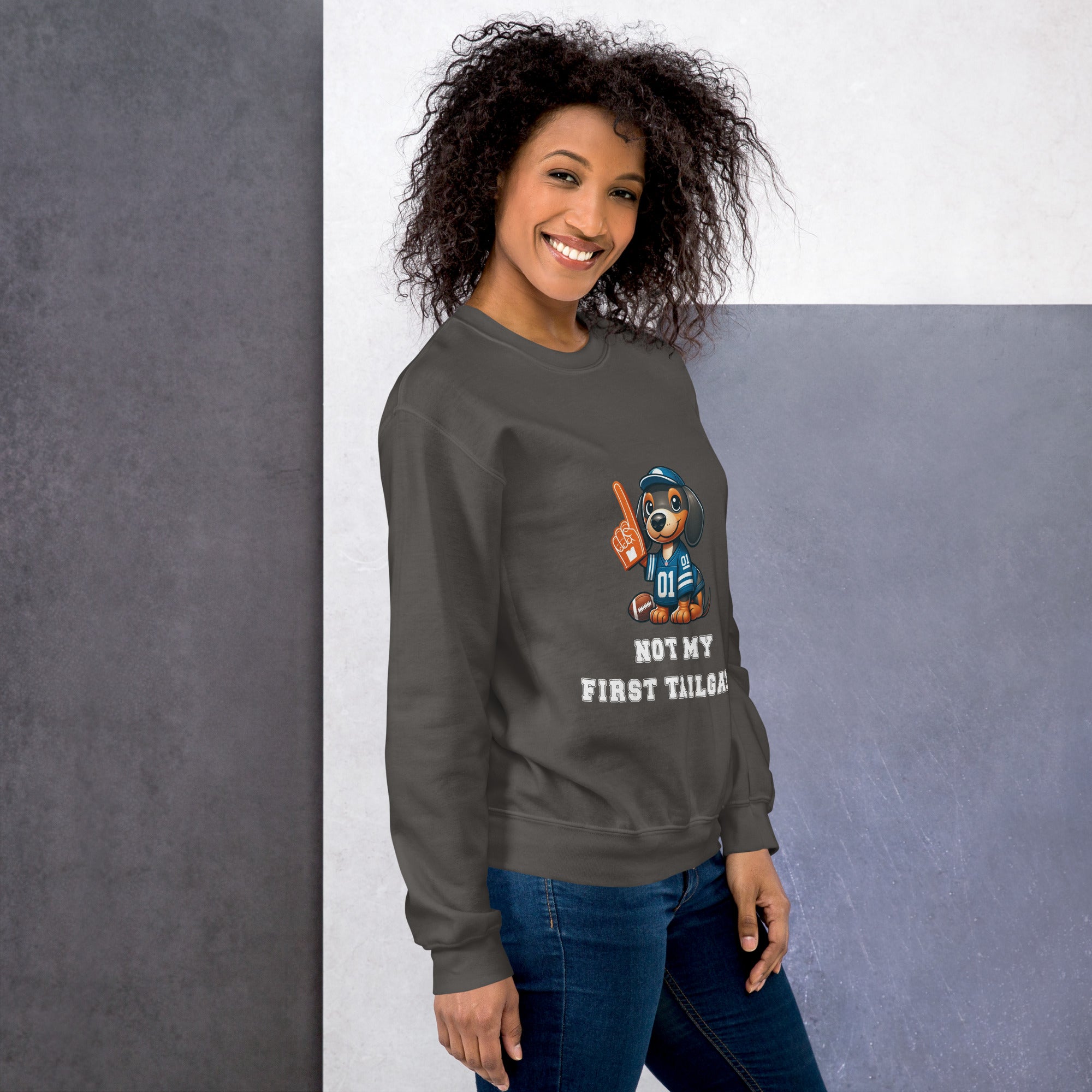 Charcoal gray unisex sweatshirt with dachshund and "Not my first tailgate"