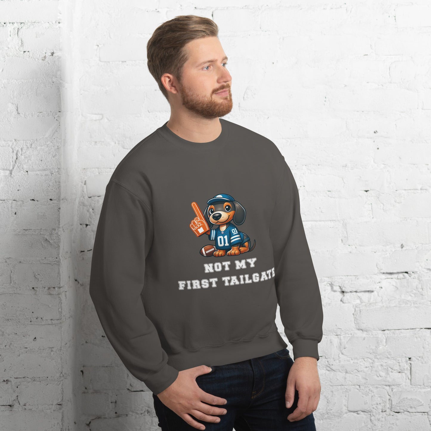 Charcoal gray unisex sweatshirt with dachshund and "Not my first tailgate"