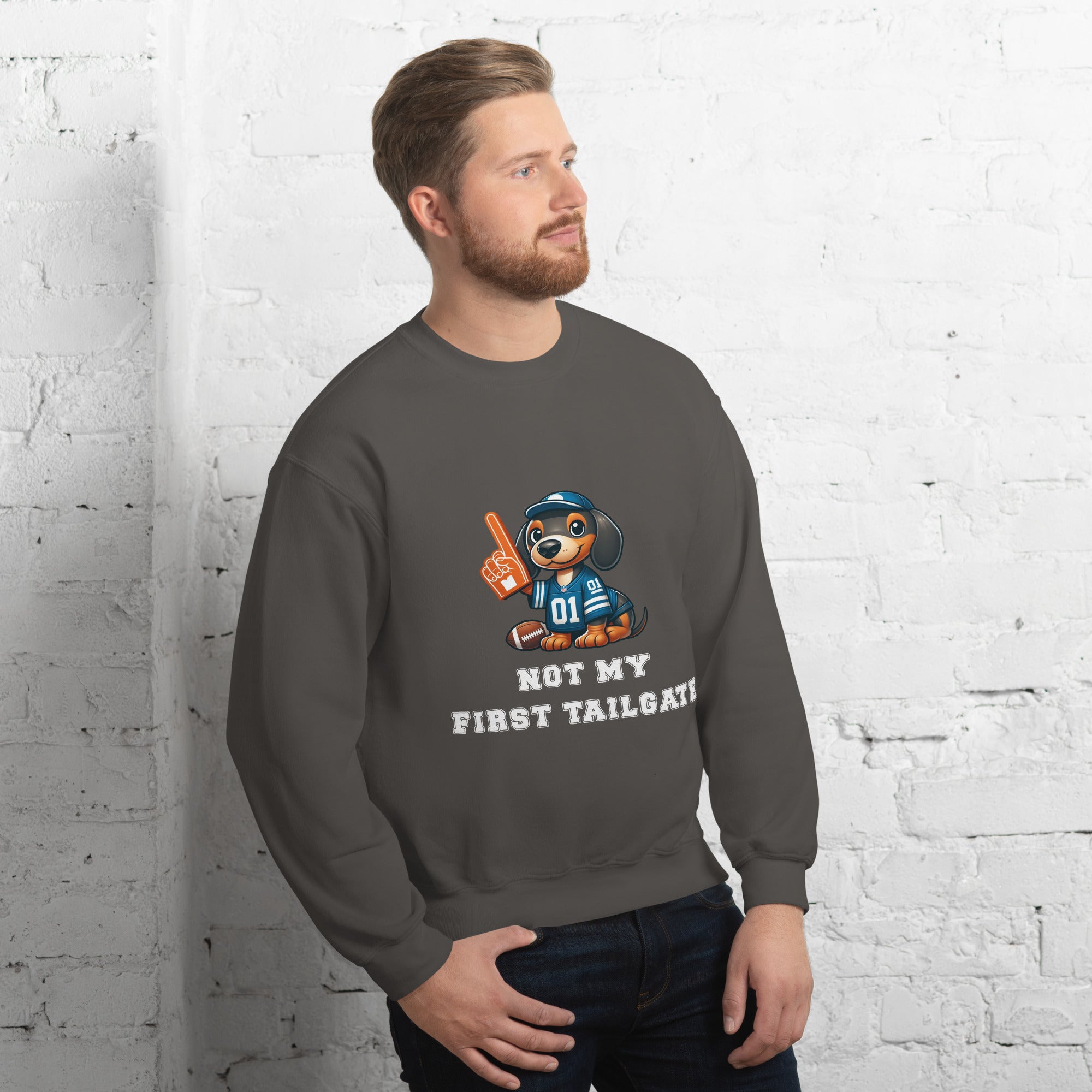 Charcoal gray unisex sweatshirt with dachshund and "Not my first tailgate"