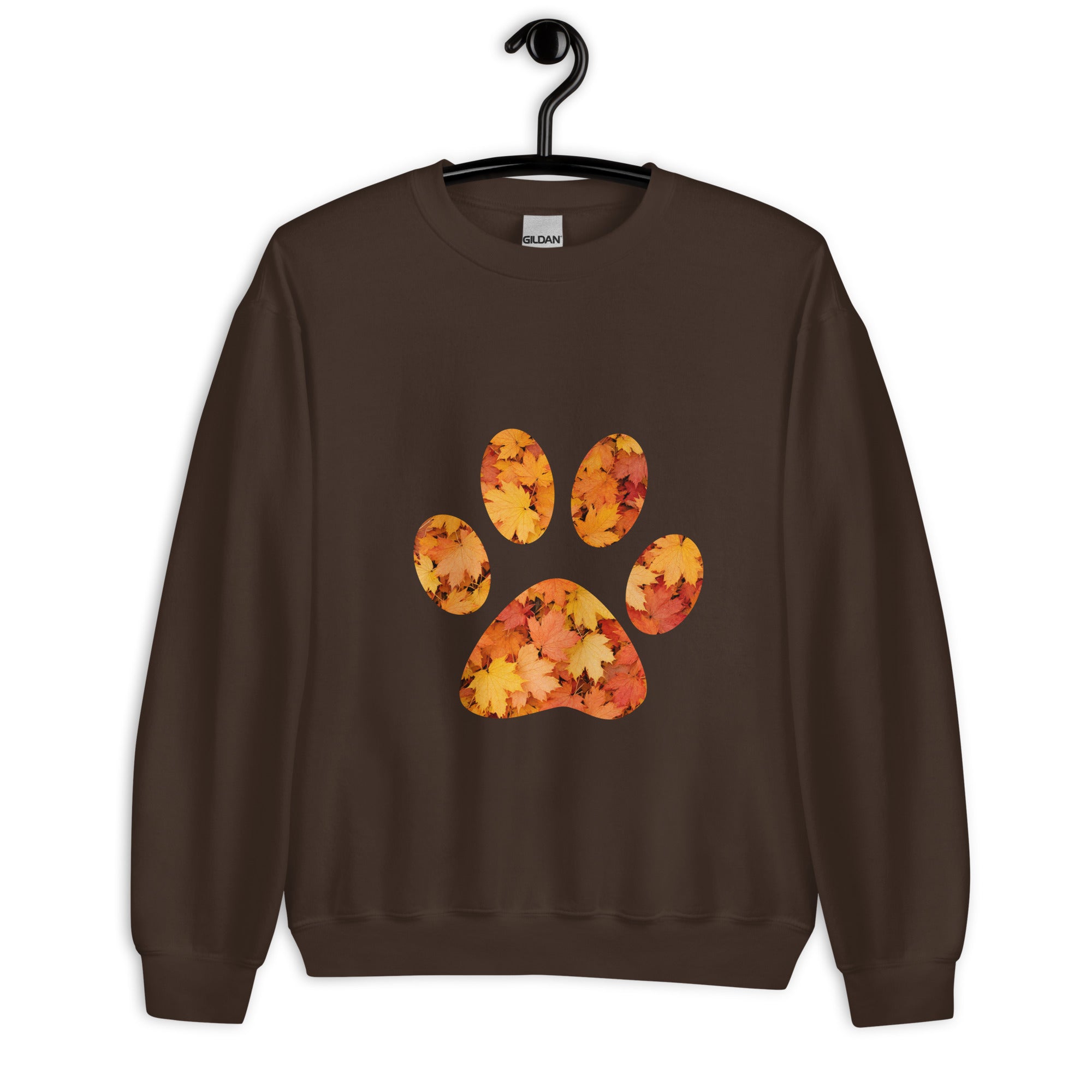 Brown unisex sweatshirt with pawprint with autumn leaves pattern