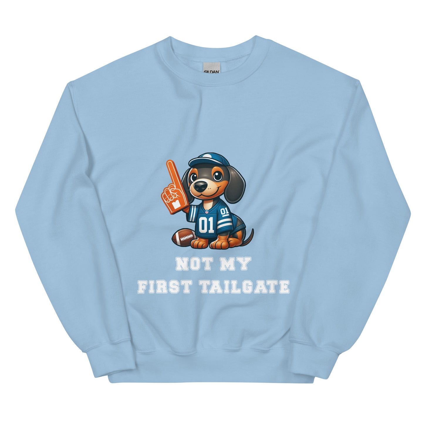 Light blue sweatshirt with dachshund and "Not my first tailgate"
