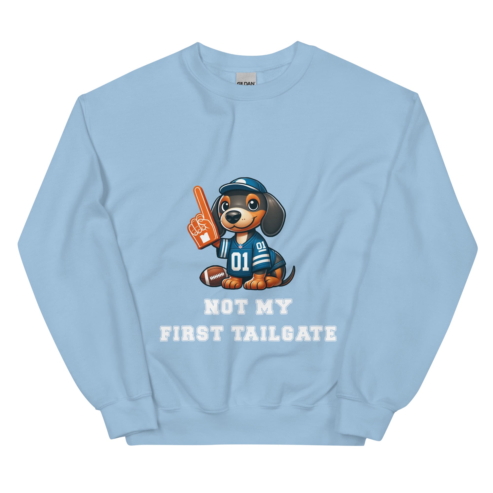 Light blue sweatshirt with dachshund and "Not my first tailgate"