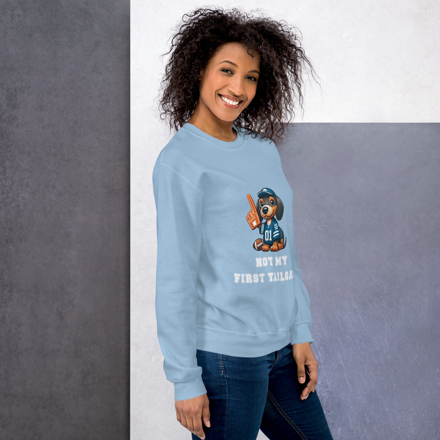 Light blue unisex sweatshirt with dachshund and "Not my first tailgate"