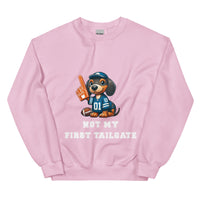 Pink sweatshirt with dachshund and "Not my first tailgate"