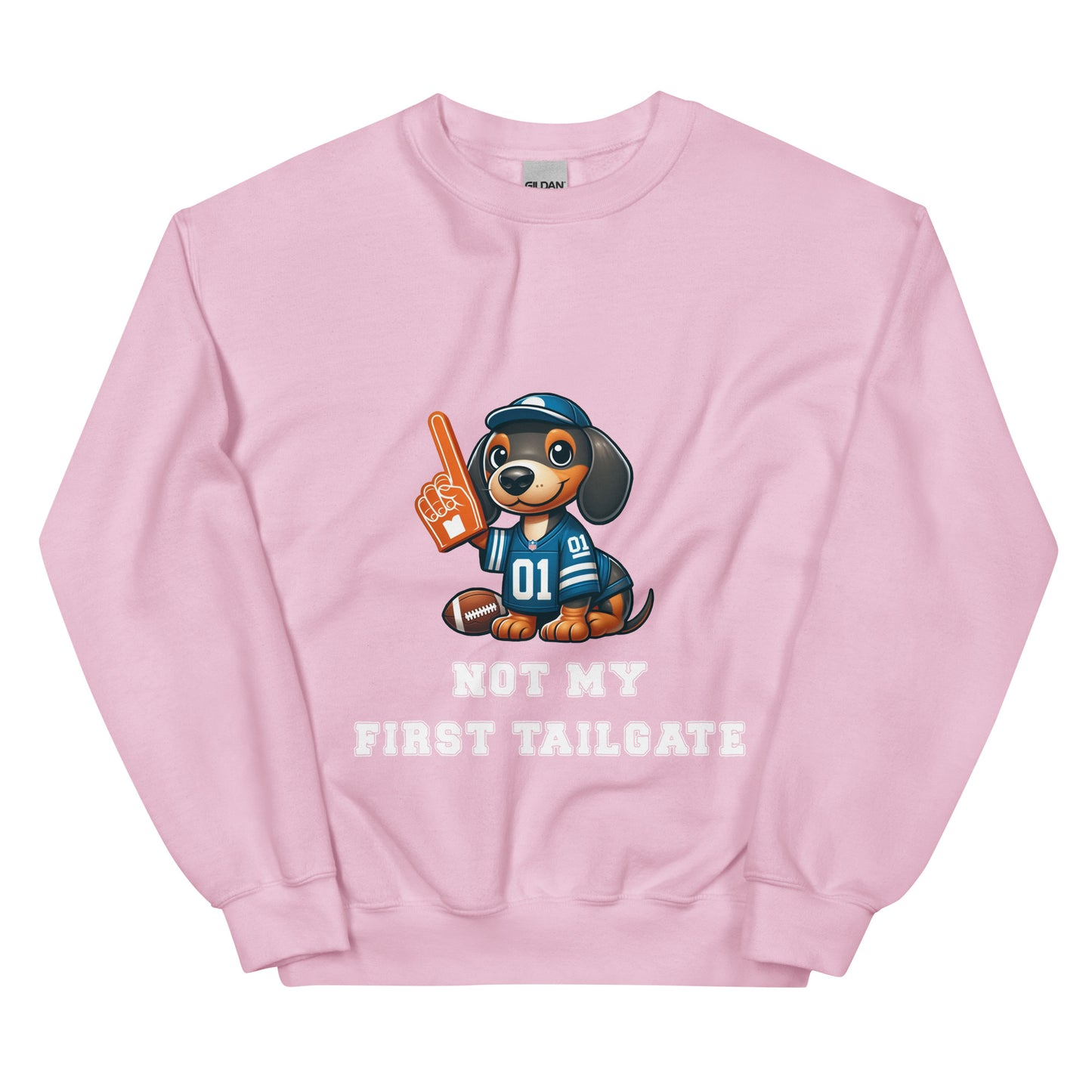 Pink sweatshirt with dachshund and "Not my first tailgate"