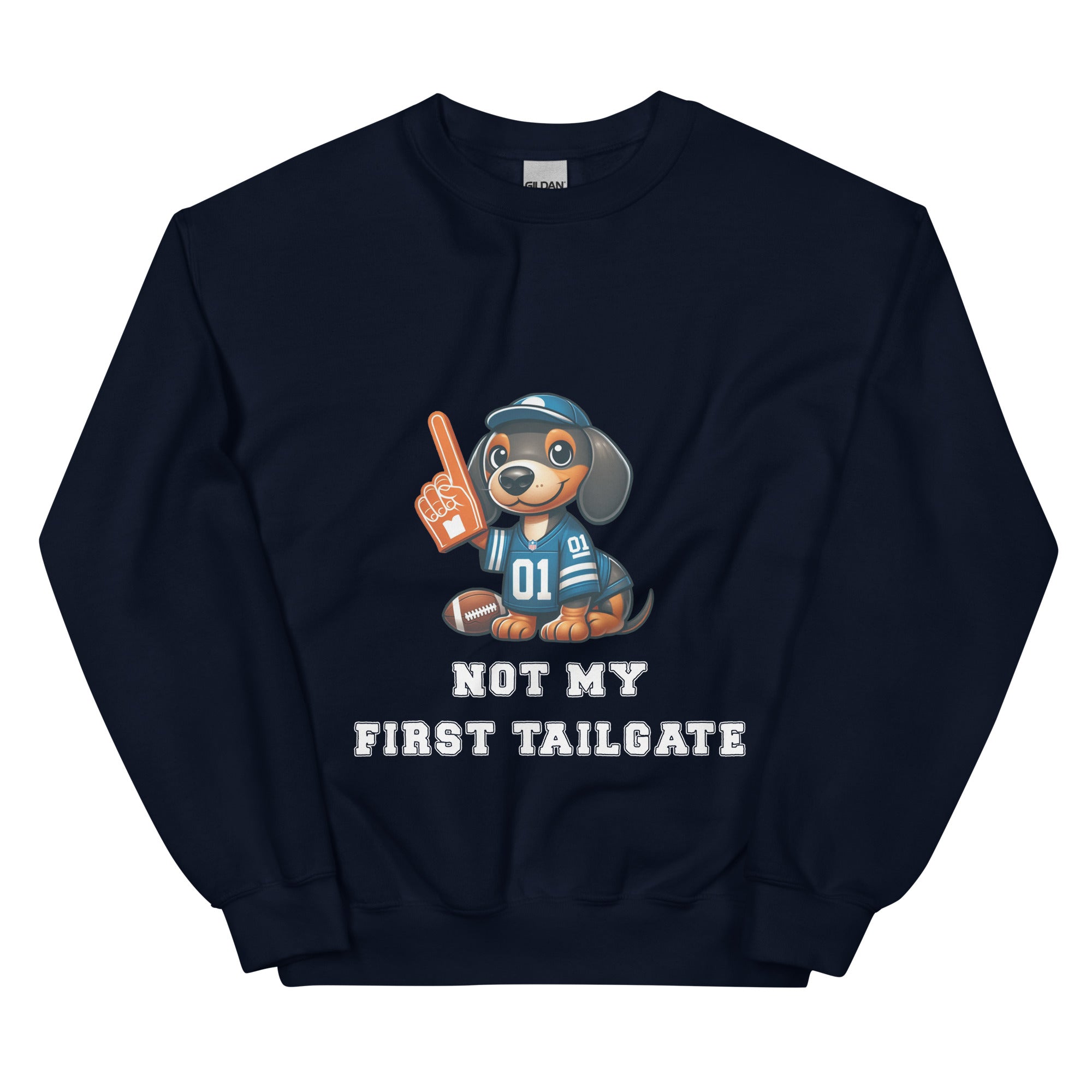 Navy Blue sweatshirt with dachshund and "Not my first tailgate"