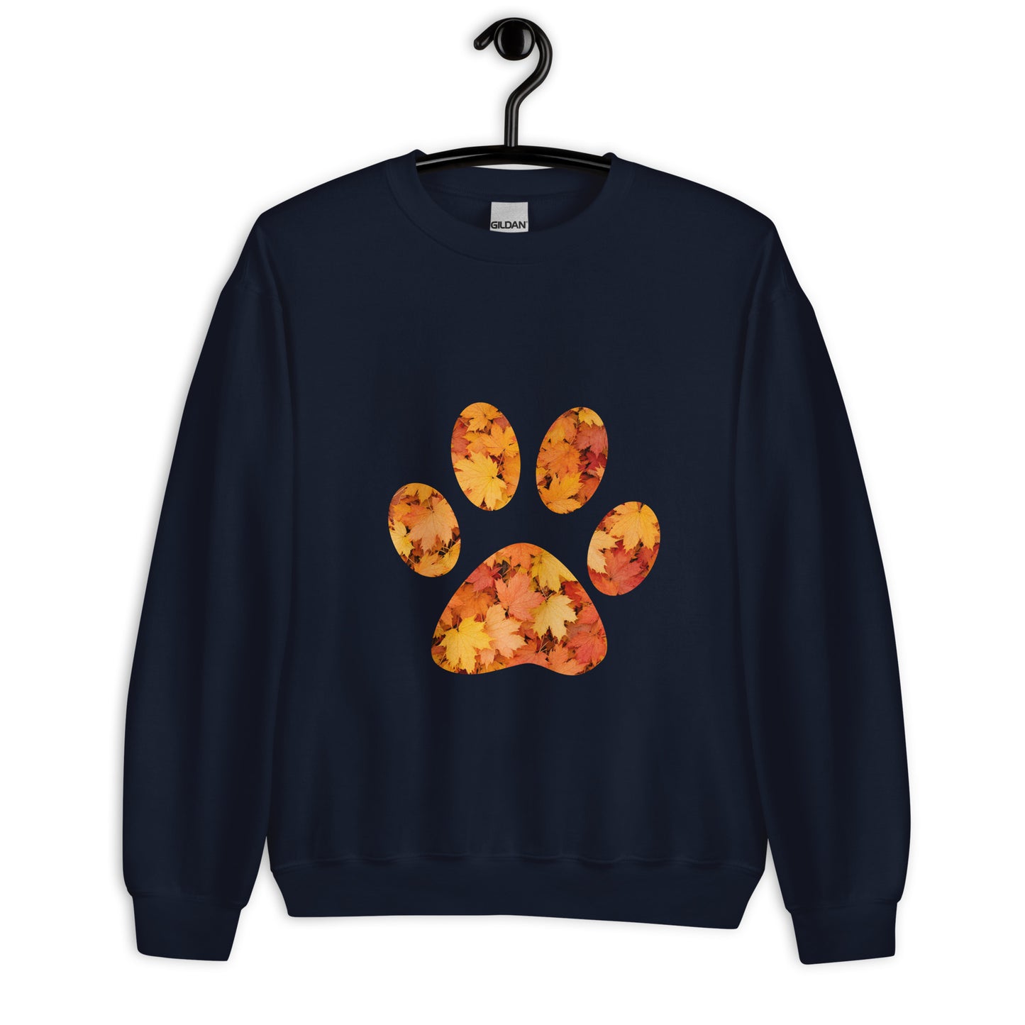 Navy Blue unisex sweatshirt with pawprint with autumn leaves pattern