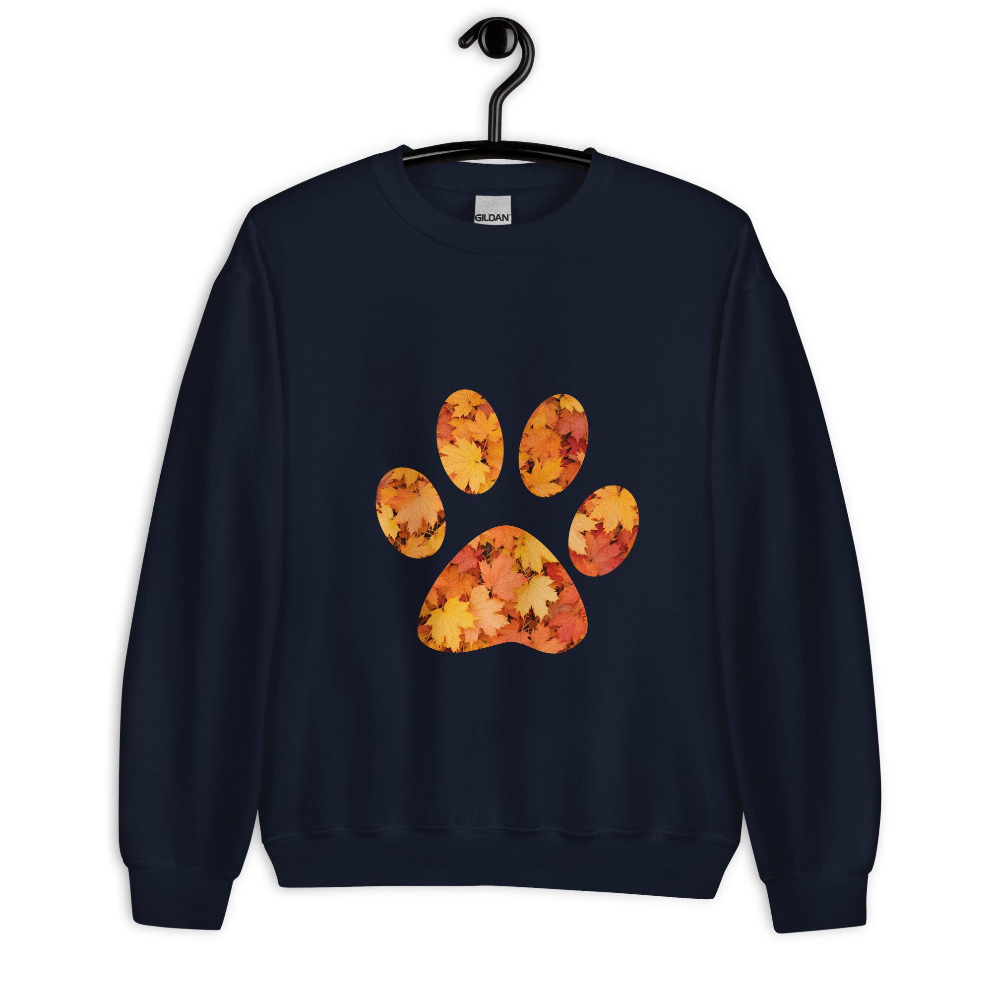 Navy Blue unisex sweatshirt with pawprint with autumn leaves pattern