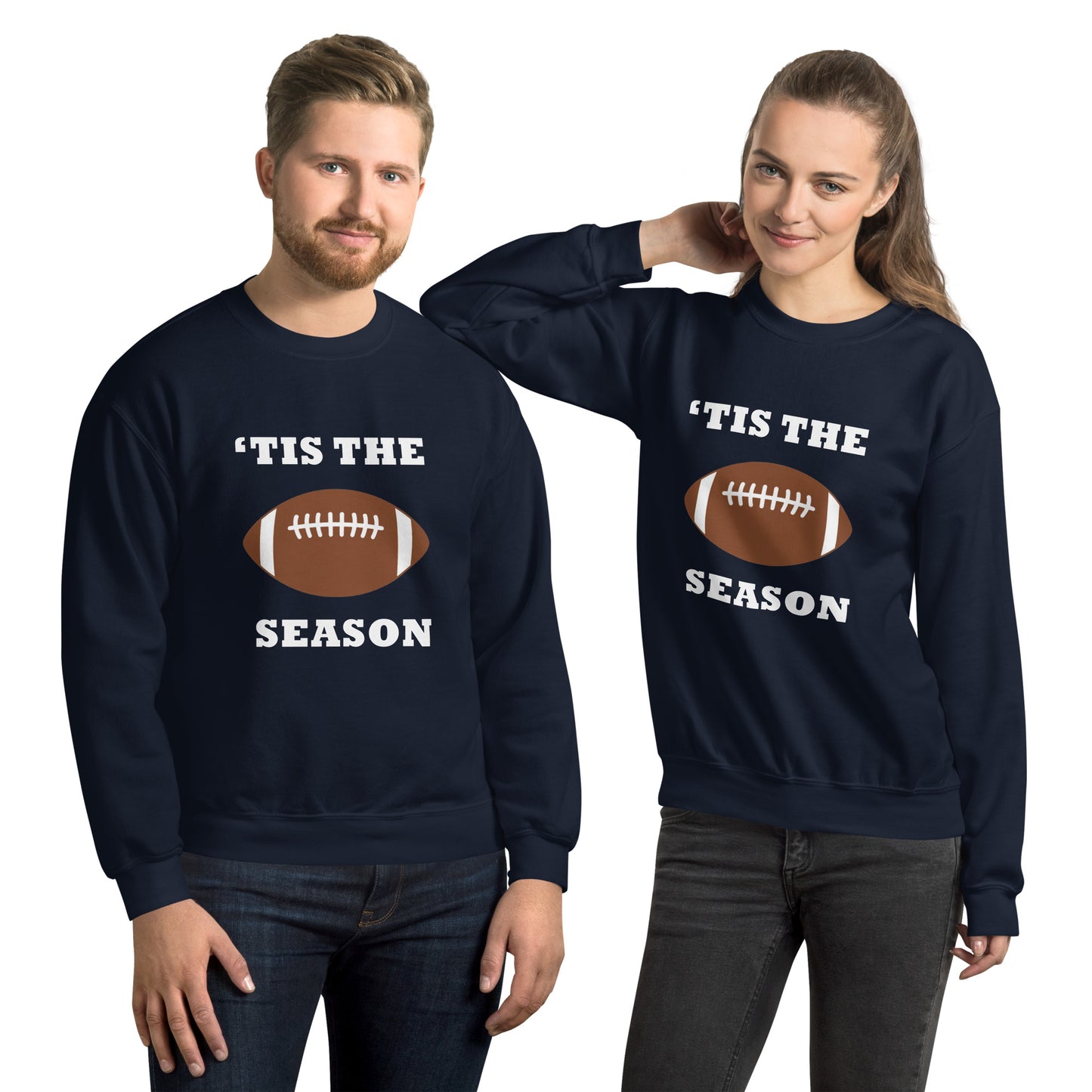 Navy Blue unisex sweatshirt with football and "'tis the season"