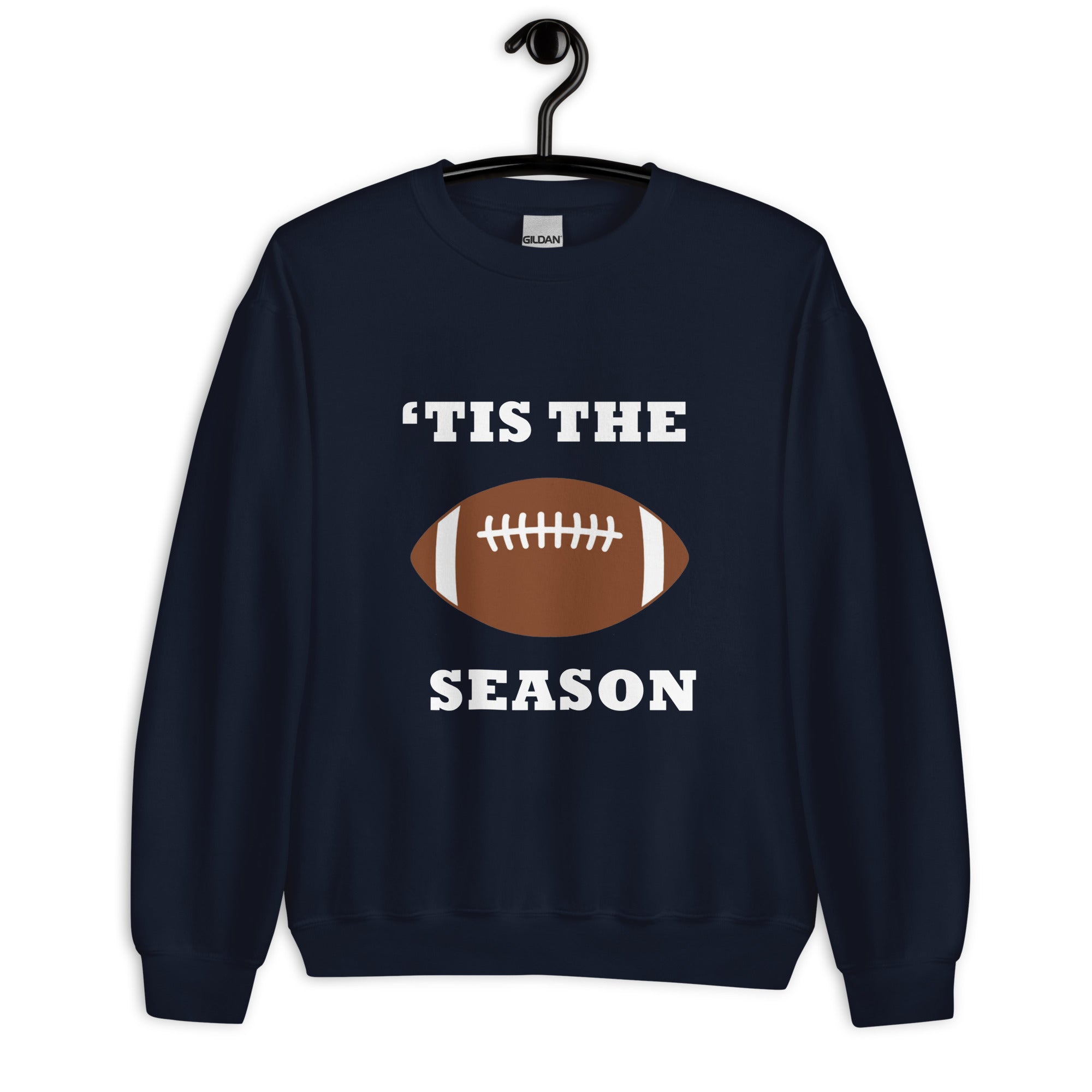 Navy Blue unisex sweatshirt with football and "'tis the season"