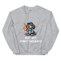 Light gray sweatshirt with dachshund and "Not my first tailgate"