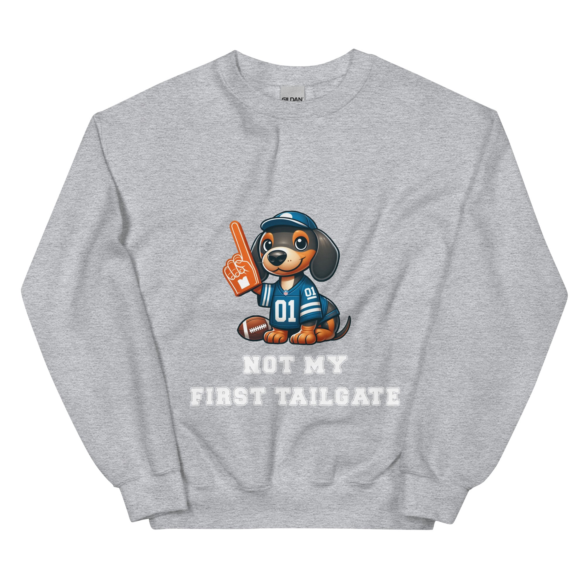Light gray sweatshirt with dachshund and "Not my first tailgate"
