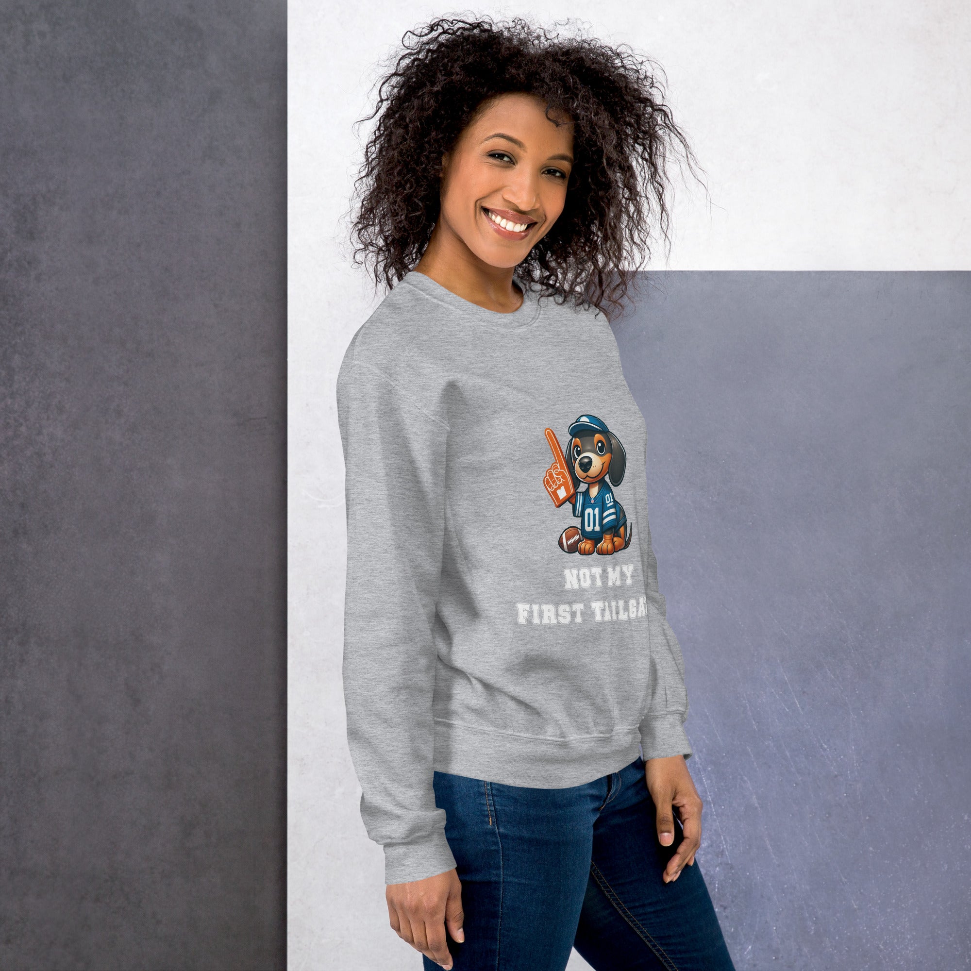 Light gray unisex sweatshirt with dachshund and "Not my first tailgate"