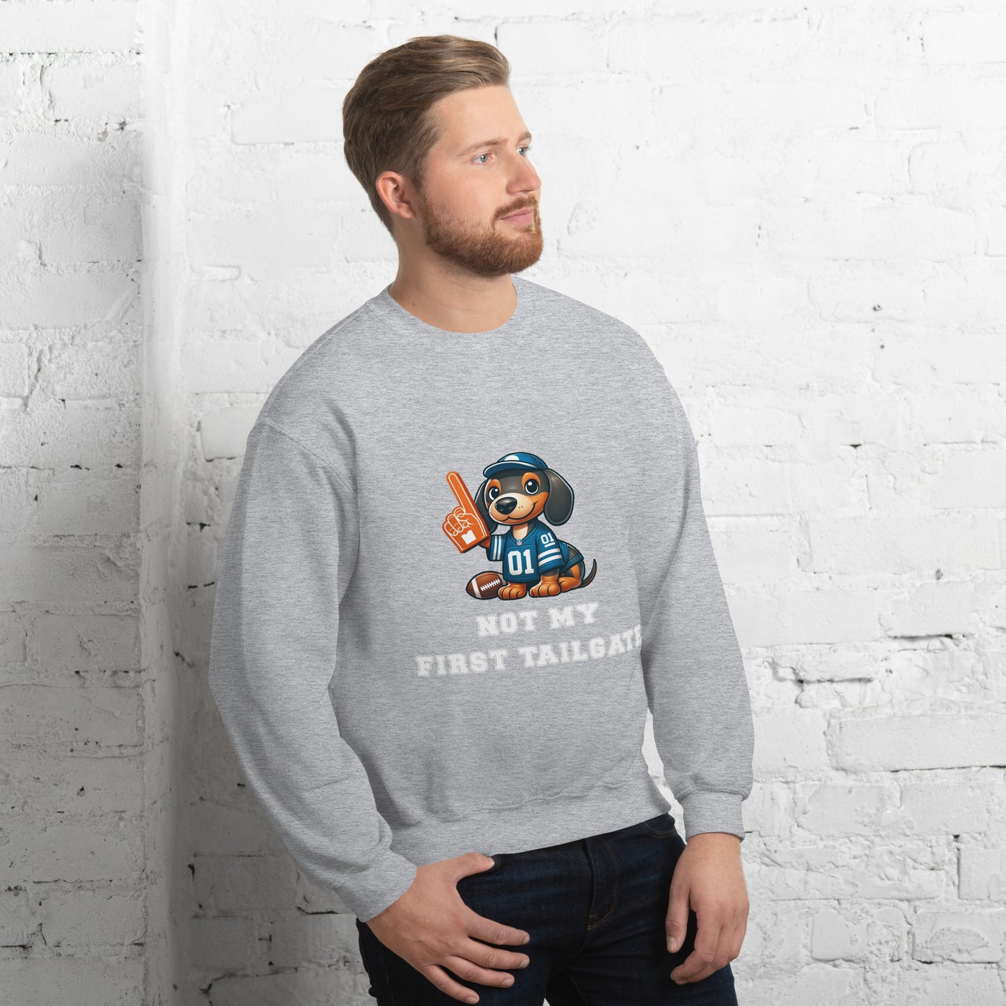 Light gray unisex sweatshirt with dachshund and "Not my first tailgate"
