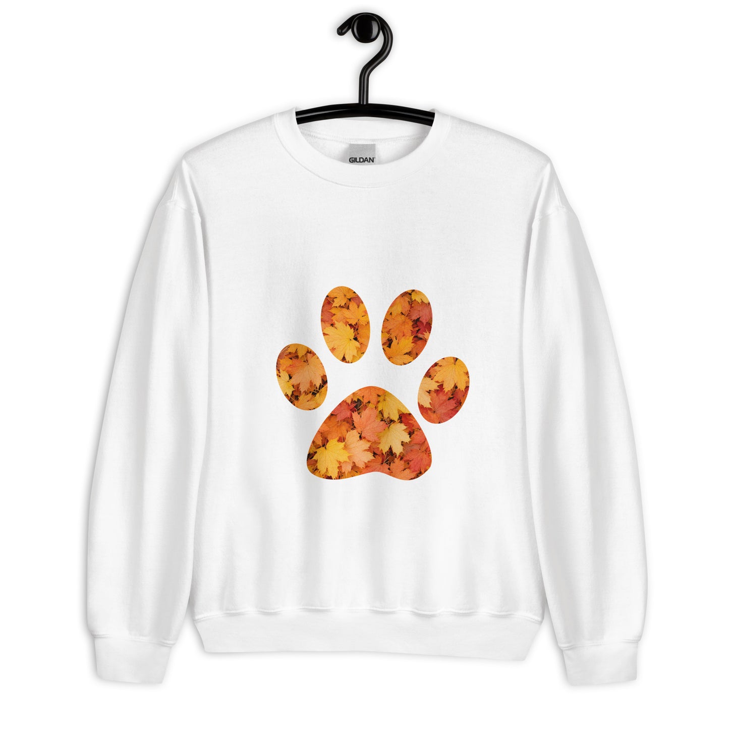 White unisex sweatshirt with pawprint with autumn leaves pattern