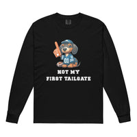 Black long-sleeve shirt with a dachshund graphic and "not my first tailgate" 