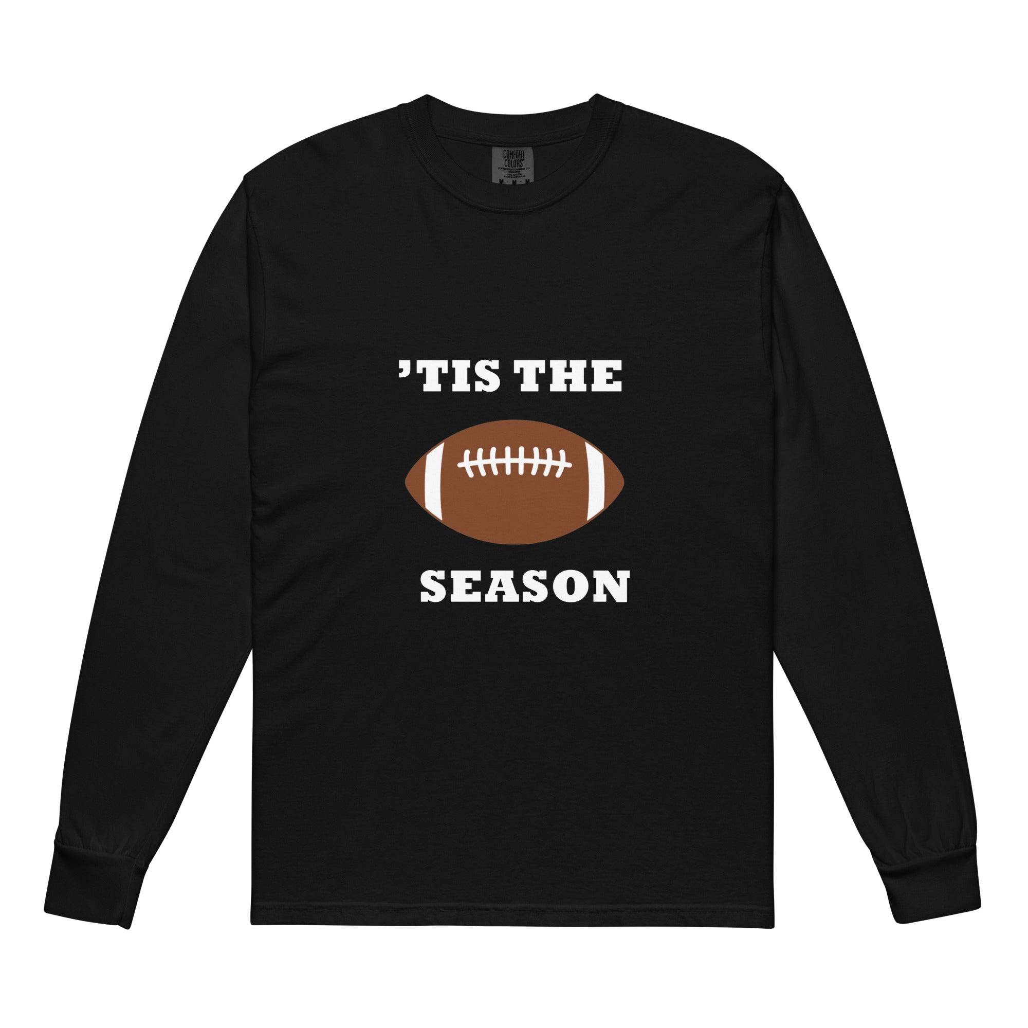 Black long-sleeve shirt with football graphic and 'TIS THE SEASON