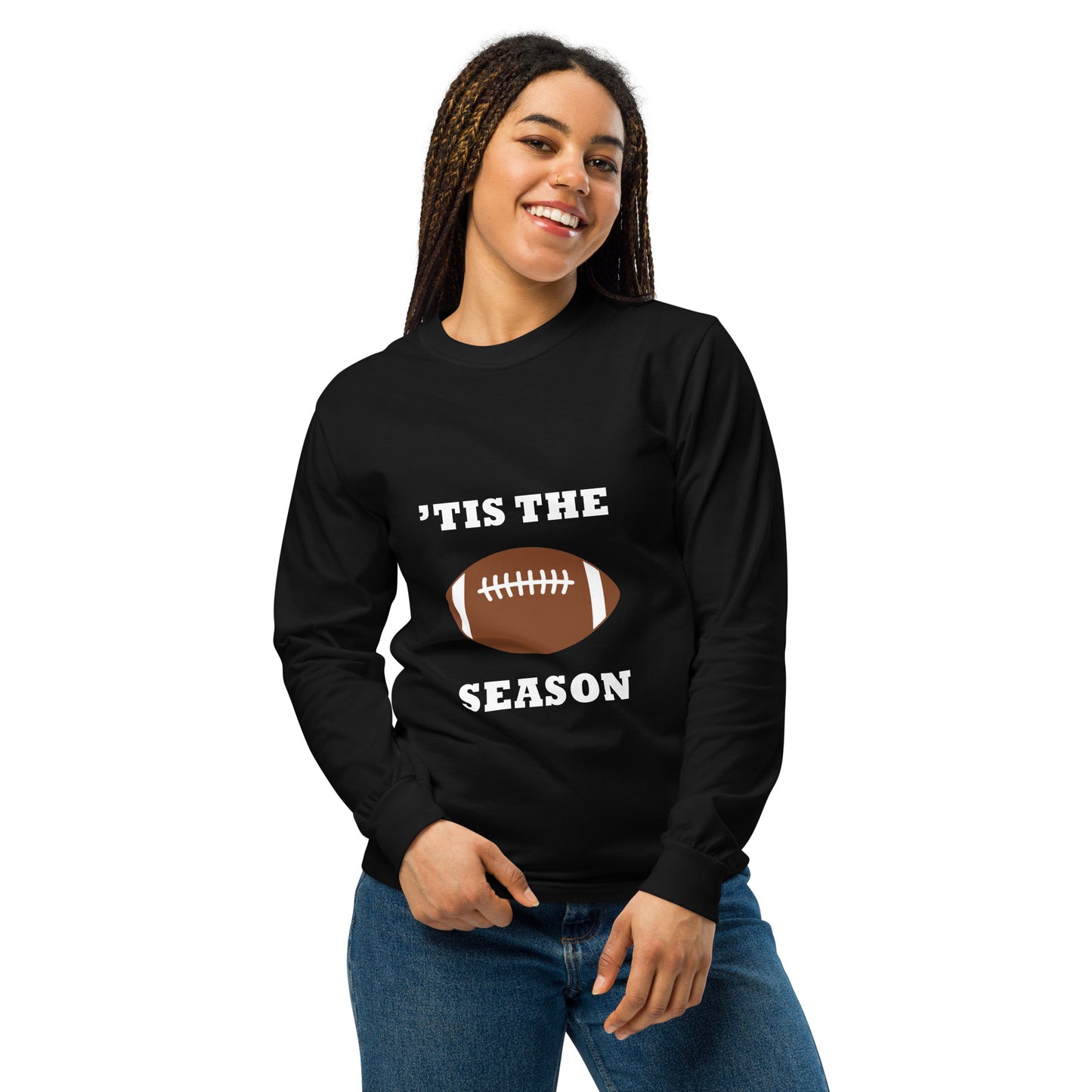 Black long-sleeve shirt with football graphic and 'TIS THE SEASON