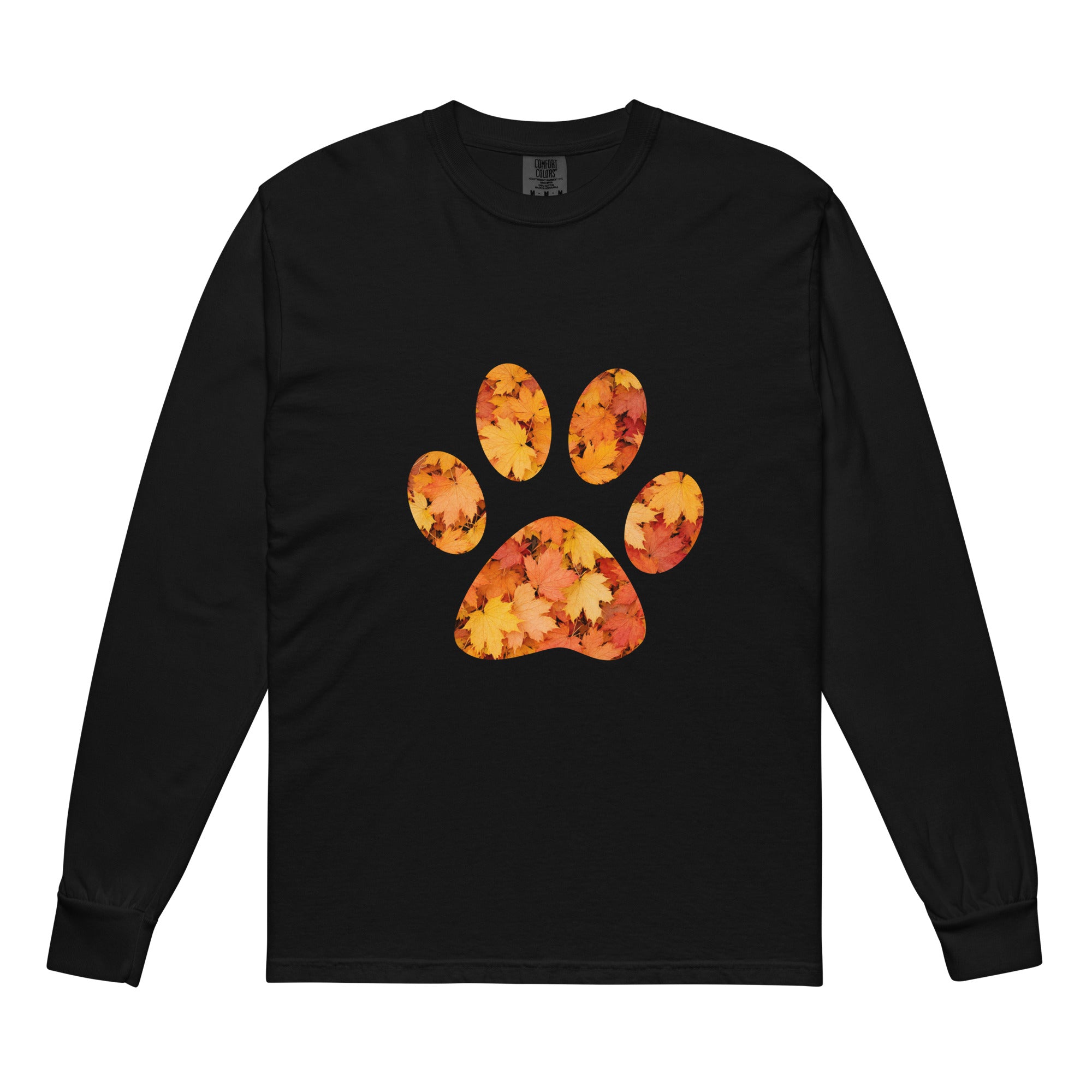 Black long-sleeve shirt with autumn leaves paw print design