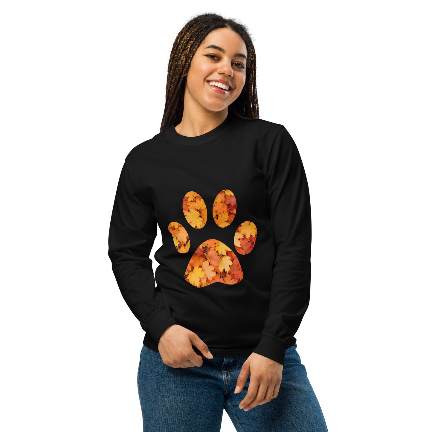 Black long-sleeve shirt with autumn leaves paw print design