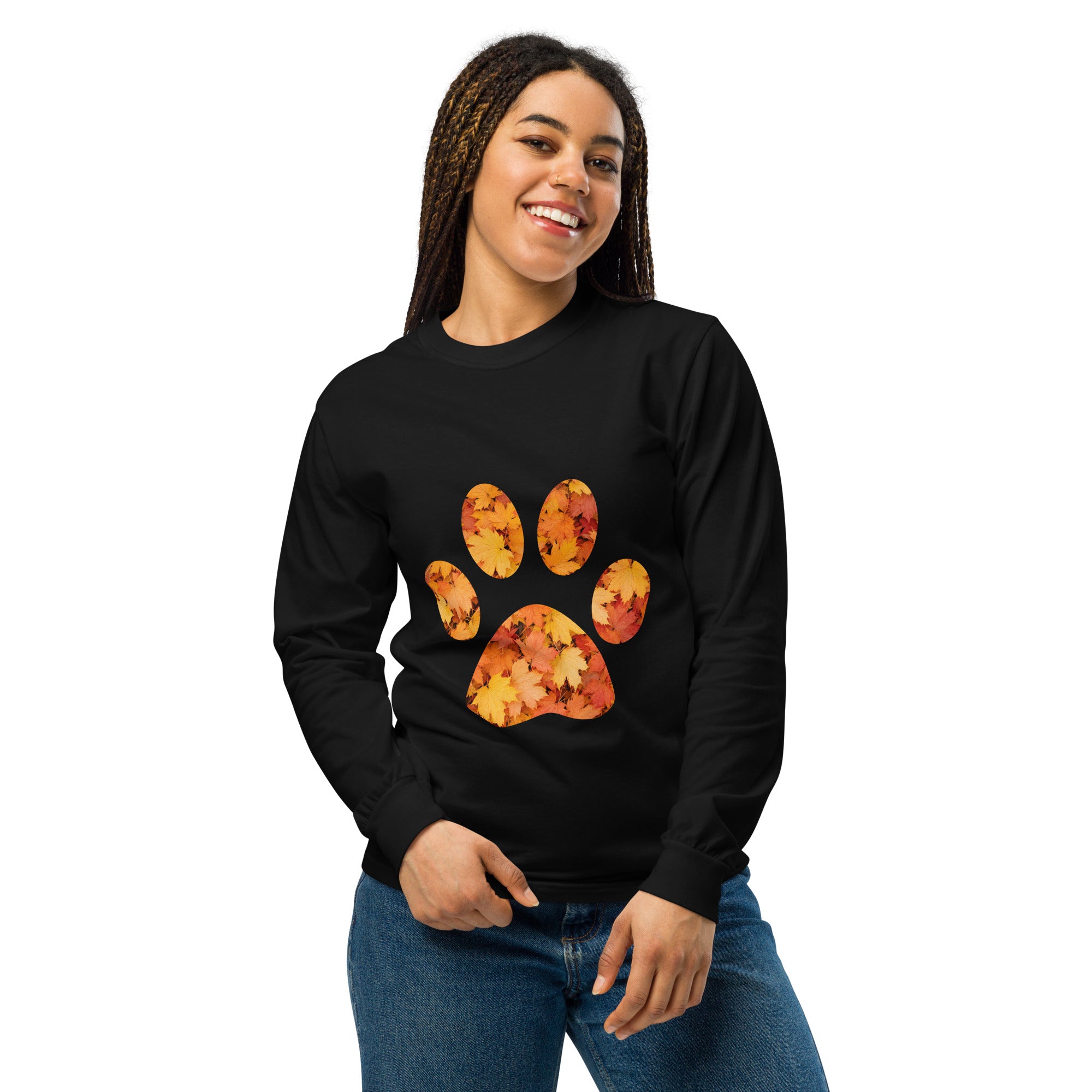 Black long-sleeve shirt with autumn leaves paw print design