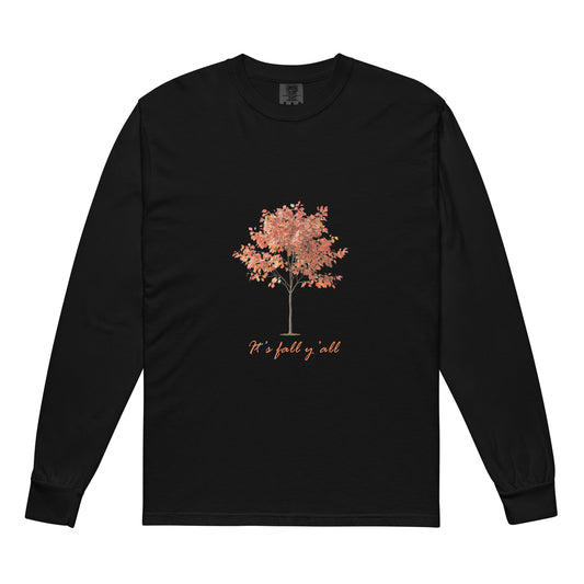 Black long-sleeve shirt with a tree graphic and"It's fall, y'all"