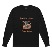 Black long sleeve t-shirt with a dachshund surrounded by autum leaves and pumpins, "Pumpkin Wishes Doxie Kisses"