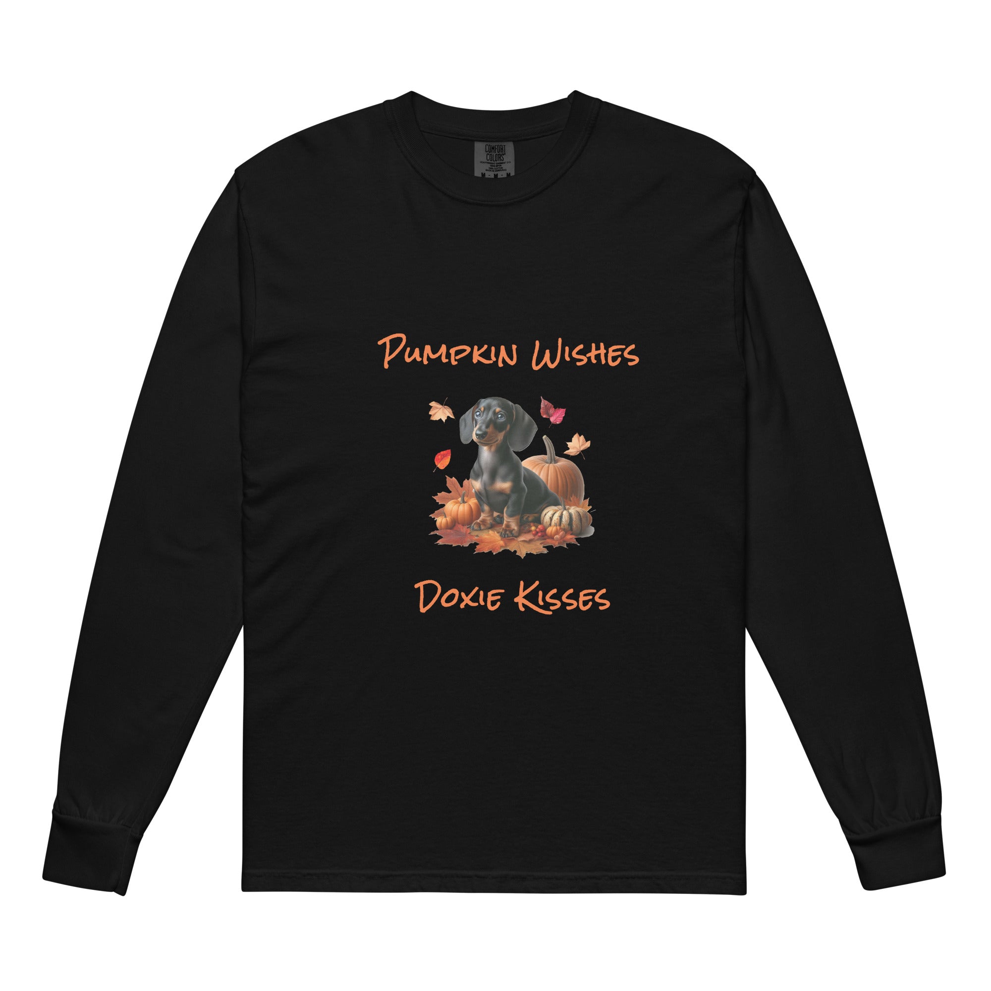 Black long sleeve t-shirt with a dachshund surrounded by autum leaves and pumpins, "Pumpkin Wishes Doxie Kisses"