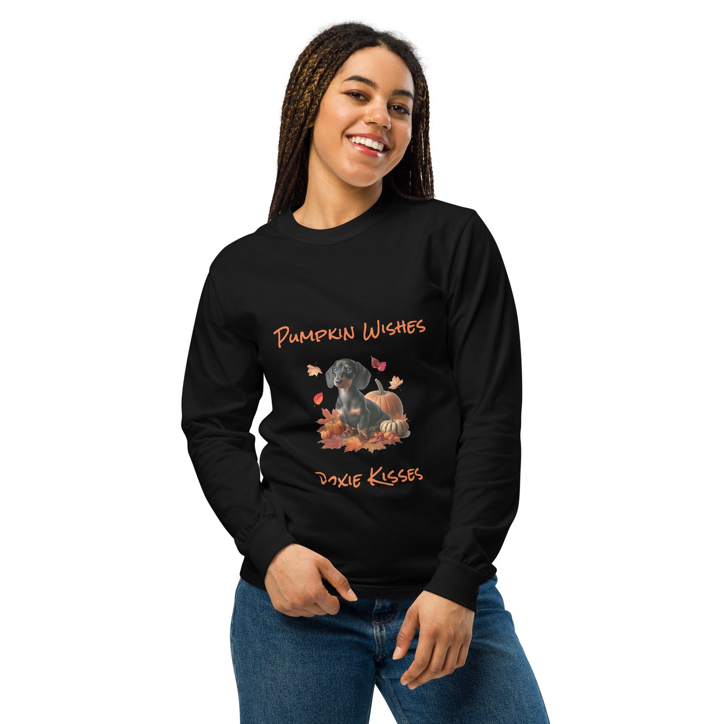Black long sleeve t-shirt with a dachshund surrounded by autum leaves and pumpins, "Pumpkin Wishes Doxie Kisses"