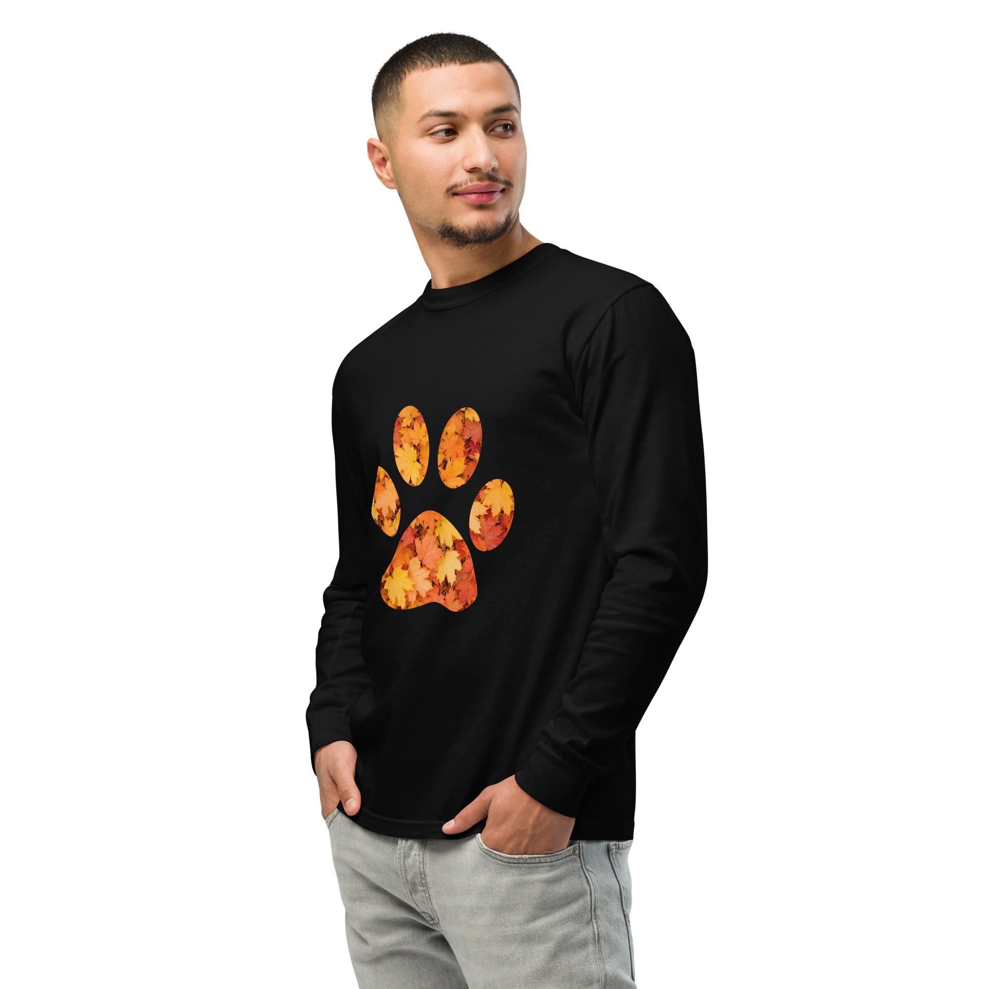 Black long-sleeve shirt with autumn leaves paw print design