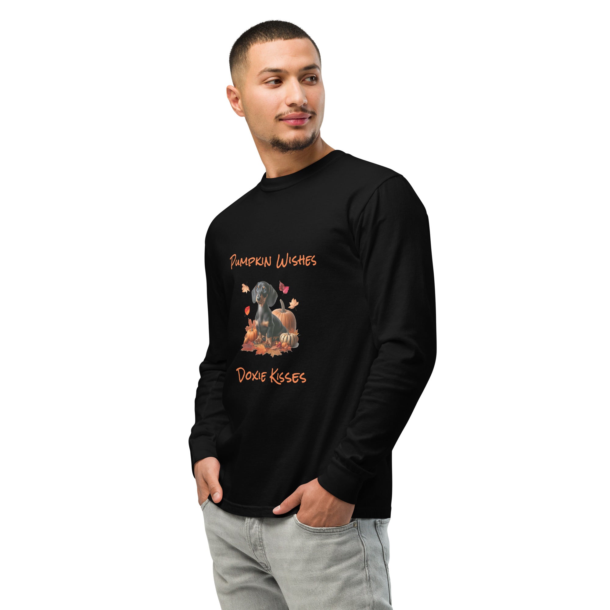 Black long sleeve t-shirt with a dachshund surrounded by autum leaves and pumpins, "Pumpkin Wishes Doxie Kisses"