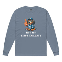 Light blue long-sleeve shirt with a dachshund graphic and "not my first tailgate" 